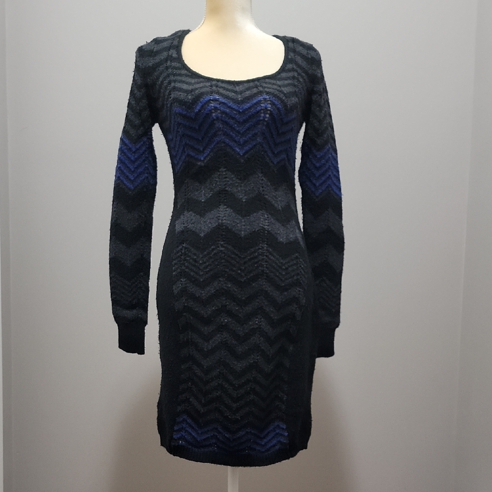 VS Moda International Black Blue & Grey Zig Zag Chevron SweaterDress Size S